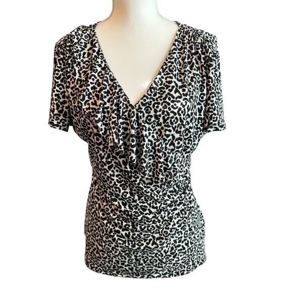 WHITE HOUSE BLACK MARKET Top Womens M Leopard Print Ruffle Knit Animal Boho - Picture 2 of 8